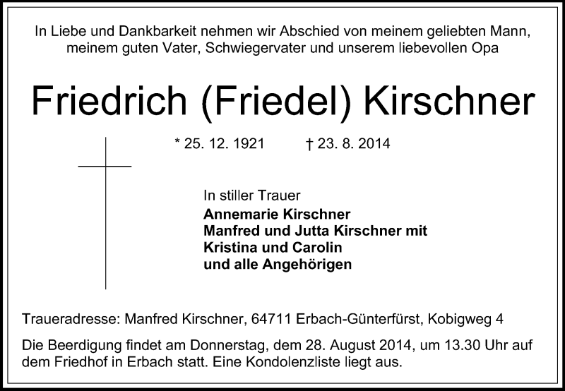  Traueranzeige für Friedrich Kirschner vom 26.08.2014 aus Odenwälder Echo