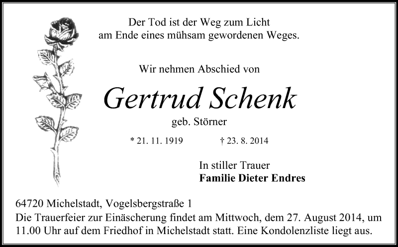  Traueranzeige für Gertrud Schenk vom 26.08.2014 aus Odenwälder Echo