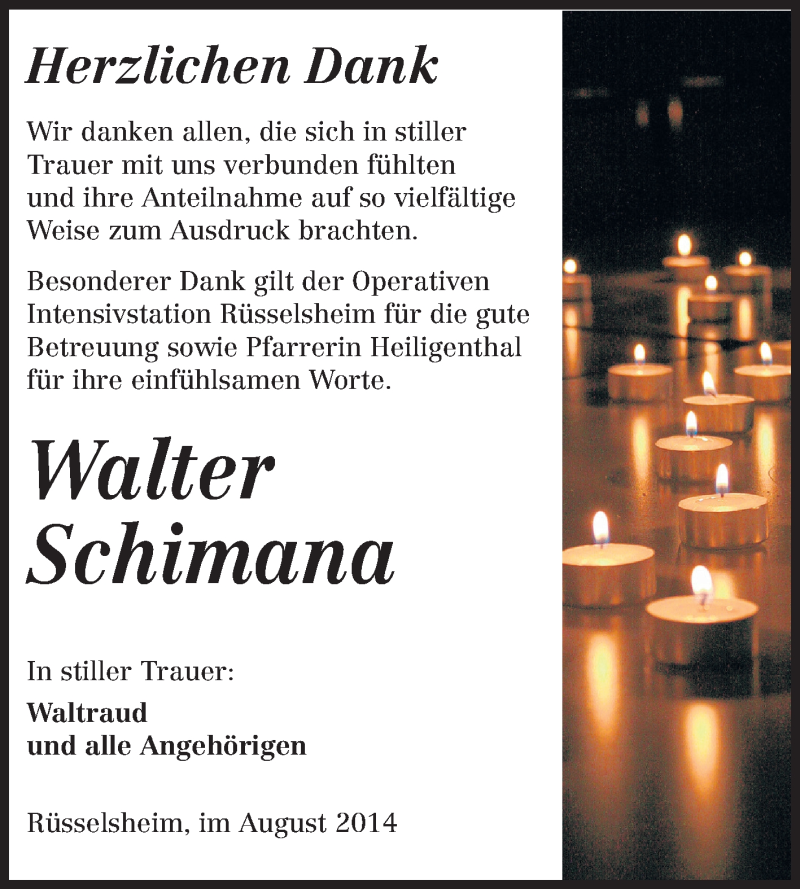  Traueranzeige für Walter Schimana vom 27.08.2014 aus Rüsselsheimer Echo, Groß-Gerauer-Echo, Ried Echo