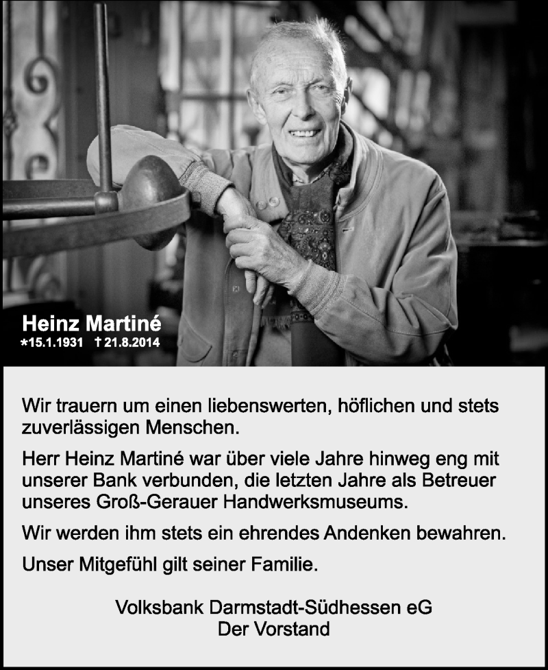  Traueranzeige für Heinz Martiné vom 27.08.2014 aus Rüsselsheimer Echo, Groß-Gerauer-Echo, Ried Echo