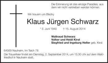 Traueranzeige von Klaus Jürgen Schwarz von Rüsselsheimer Echo, Groß-Gerauer-Echo, Ried Echo