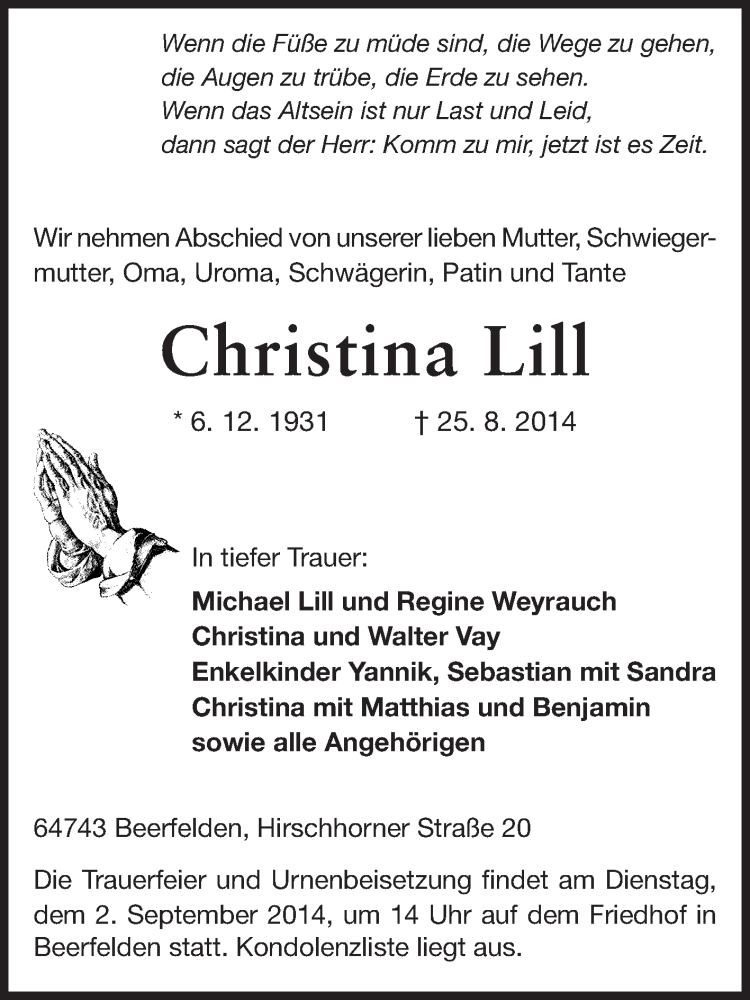  Traueranzeige für Christina Lill vom 29.08.2014 aus Odenwälder Echo
