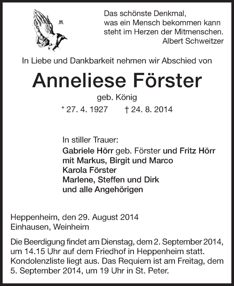  Traueranzeige für Anneliese Förster vom 29.08.2014 aus Starkenburger Echo