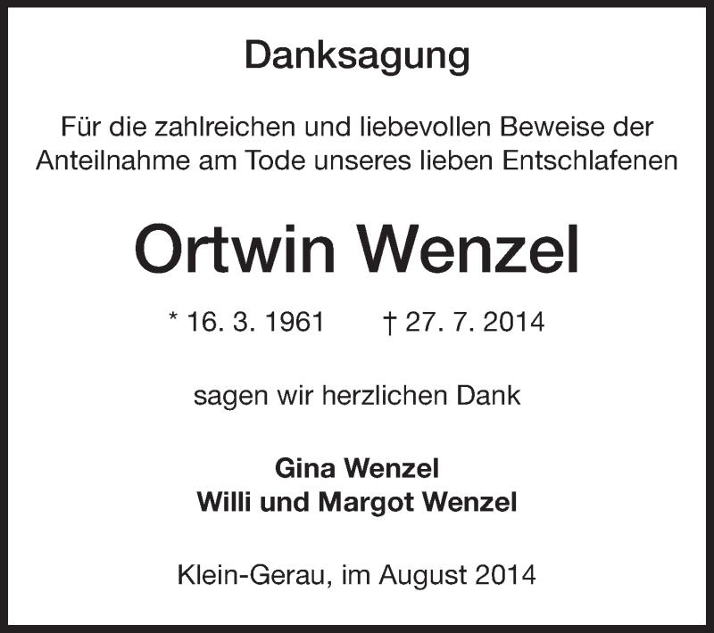  Traueranzeige für Ortwin Wenzel vom 28.08.2014 aus Rüsselsheimer Echo, Groß-Gerauer-Echo, Ried Echo