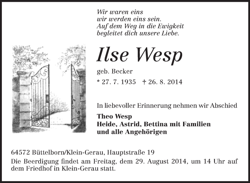  Traueranzeige für Ilse Wesp vom 27.08.2014 aus Rüsselsheimer Echo, Groß-Gerauer-Echo, Ried Echo