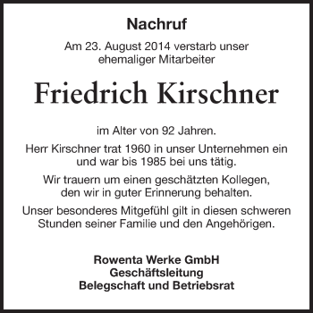 Traueranzeige von Friedrich Kirschner von Odenwälder Echo