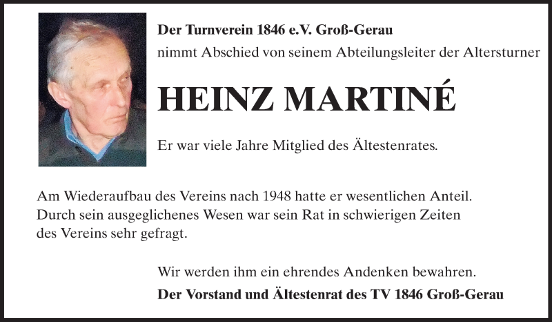  Traueranzeige für Heinz Martiné vom 28.08.2014 aus Rüsselsheimer Echo, Groß-Gerauer-Echo, Ried Echo