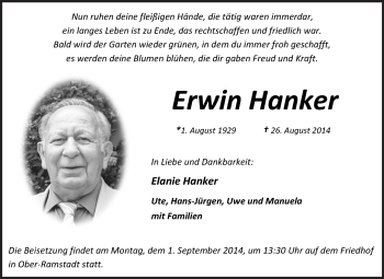 Traueranzeige von Erwin Hanker von Darmstädter Echo, Odenwälder Echo, Rüsselsheimer Echo, Groß-Gerauer-Echo, Ried Echo