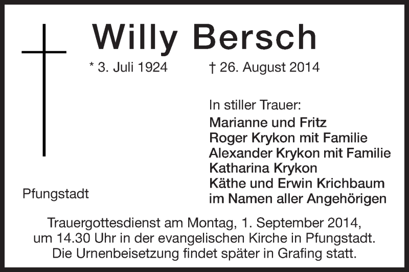  Traueranzeige für Willy Bersch vom 28.08.2014 aus Echo-Zeitungen (Gesamtausgabe)