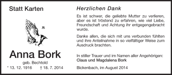 Traueranzeige von Anna Bork von Echo-Zeitungen (Gesamtausgabe)