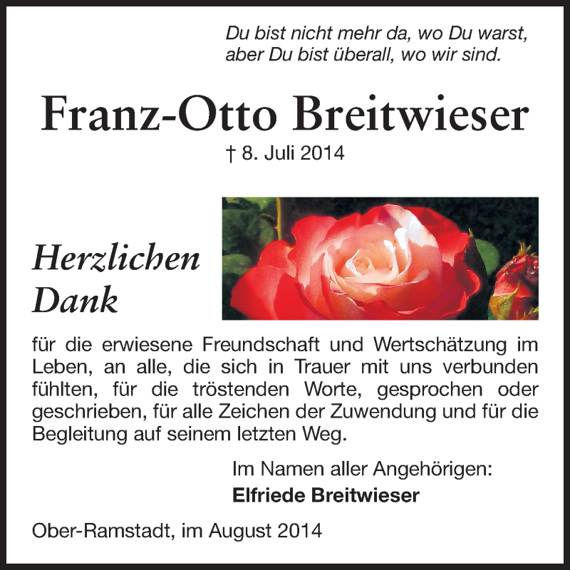  Traueranzeige für Franz-Otto Breitwieser vom 30.08.2014 aus Echo-Zeitungen (Gesamtausgabe)