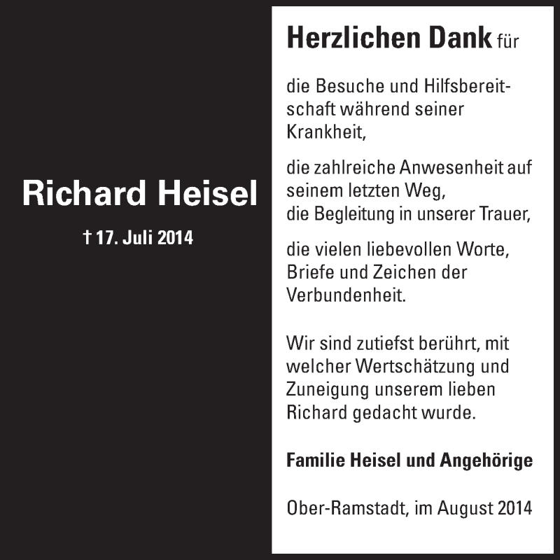  Traueranzeige für Richard Heisel vom 30.08.2014 aus Echo-Zeitungen (Gesamtausgabe)