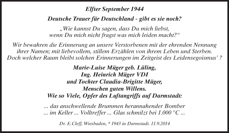  Traueranzeige für In Erinnerung des Luftangriffs auf Darmstadt vom 11.09.2014 aus Echo-Zeitungen (Gesamtausgabe)