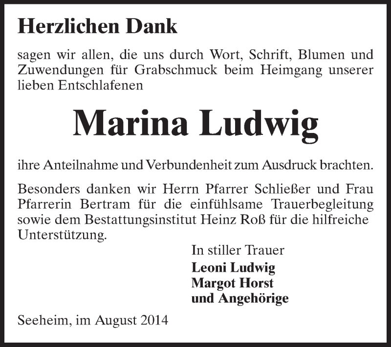  Traueranzeige für Marina Ludwig vom 30.08.2014 aus Echo-Zeitungen (Gesamtausgabe)