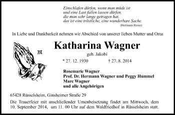Traueranzeige von Katharina Wagner von Rüsselsheimer Echo, Groß-Gerauer-Echo, Ried Echo