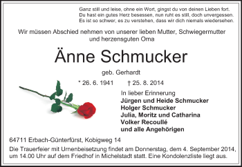 Traueranzeige von Änne Schmucker von Odenwälder Echo
