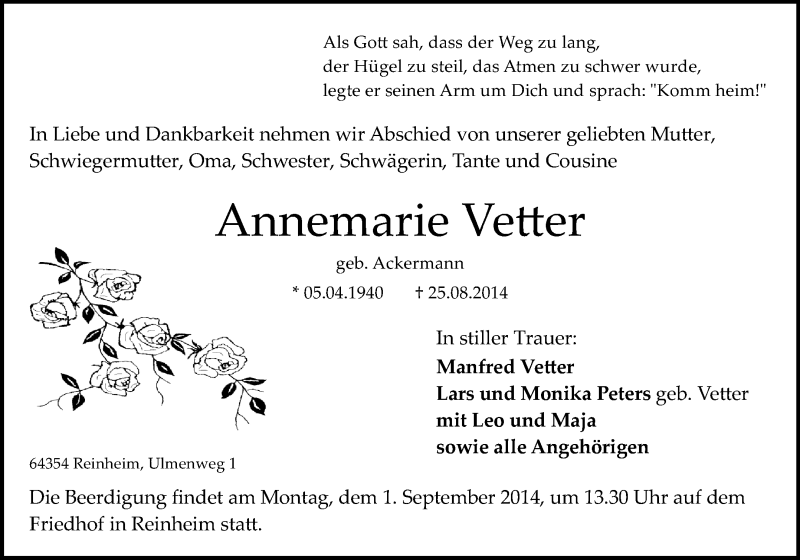  Traueranzeige für Annemarie Vetter vom 29.08.2014 aus Echo-Zeitungen (Gesamtausgabe)