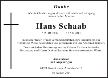 Traueranzeige von Hans Schaab von Rüsselsheimer Echo, Groß-Gerauer-Echo, Ried Echo