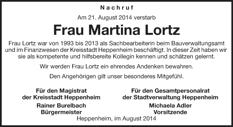  Traueranzeige für Martina Lortz vom 29.08.2014 aus Starkenburger Echo