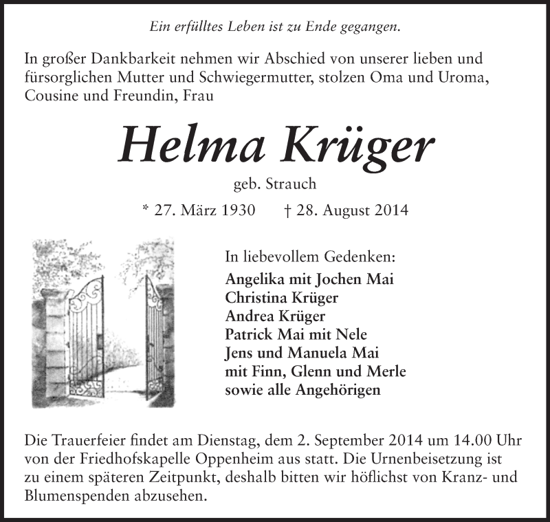  Traueranzeige für Helma Krüger vom 30.08.2014 aus Rüsselsheimer Echo, Groß-Gerauer-Echo, Ried Echo