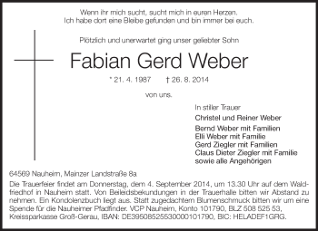 Traueranzeige von Fabian Gerd Weber von Rüsselsheimer Echo, Groß-Gerauer-Echo, Ried Echo