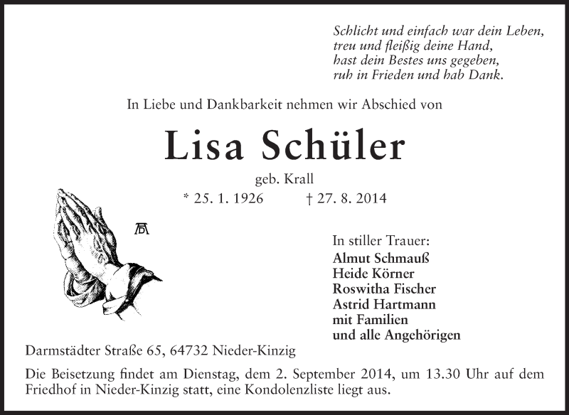  Traueranzeige für Lisa Schüler vom 30.08.2014 aus Odenwälder Echo