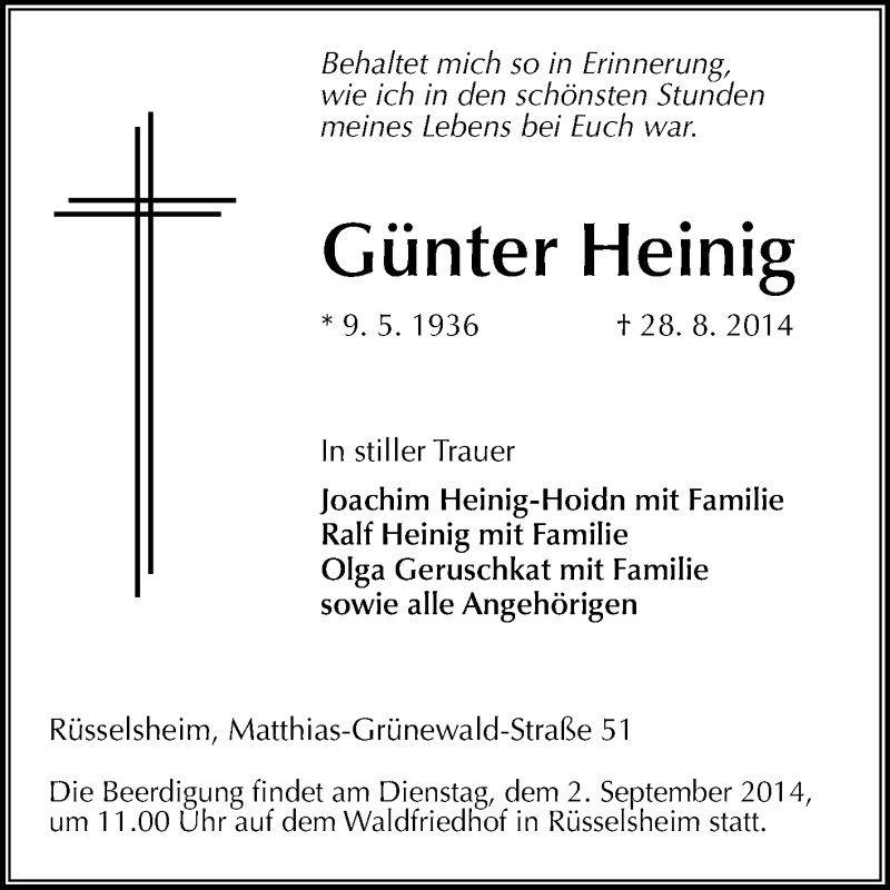  Traueranzeige für Günter Heinig vom 30.08.2014 aus Rüsselsheimer Echo, Groß-Gerauer-Echo, Ried Echo