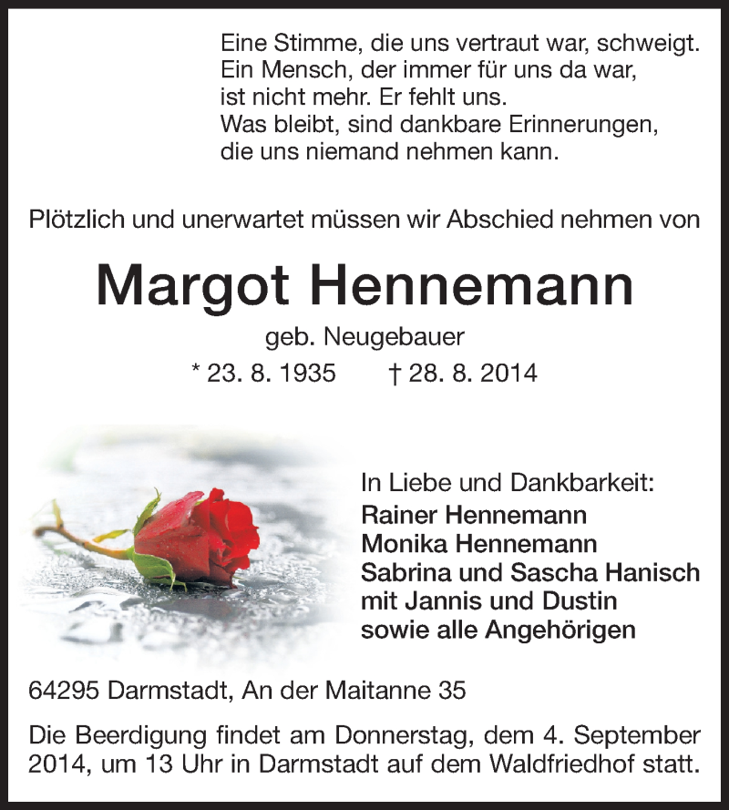  Traueranzeige für Margot Hennemann vom 30.08.2014 aus Echo-Zeitungen (Gesamtausgabe)