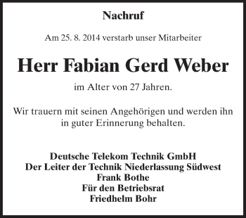 Traueranzeige von Fabian Gerd Weber von Rüsselsheimer Echo, Groß-Gerauer-Echo, Ried Echo