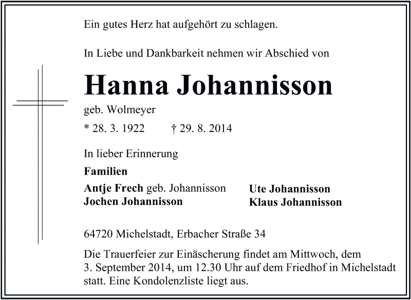  Traueranzeige für Hanna Johannisson vom 01.09.2014 aus Odenwälder Echo