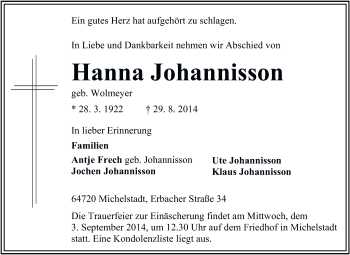 Traueranzeige von Hanna Johannisson von Odenwälder Echo