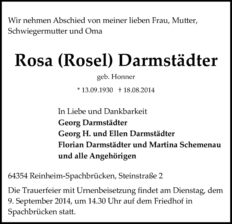  Traueranzeige für Rosa Darmstädter vom 05.09.2014 aus Darmstädter Echo, Odenwälder Echo, Rüsselsheimer Echo, Groß-Gerauer-Echo, Ried Echo