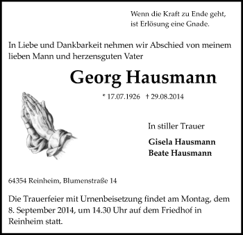 Traueranzeige von Georg Hausmann von Darmstädter Echo, Odenwälder Echo, Rüsselsheimer Echo, Groß-Gerauer-Echo, Ried Echo