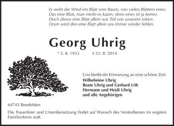 Traueranzeige von Georg Uhrig von Odenwälder Echo