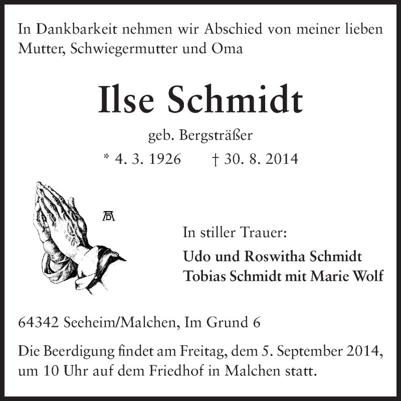  Traueranzeige für Ilse Schmidt vom 02.09.2014 aus Echo-Zeitungen (Gesamtausgabe)