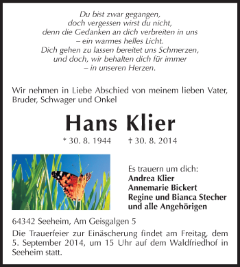 Traueranzeige von Hans Klier von Echo-Zeitungen (Gesamtausgabe)