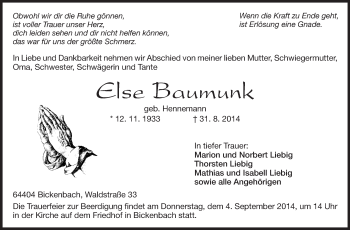 Traueranzeige von Else Baumunk von Echo-Zeitungen (Gesamtausgabe)