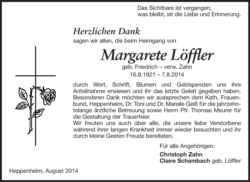  Traueranzeige für Margarete Löffler vom 06.09.2014 aus Starkenburger Echo