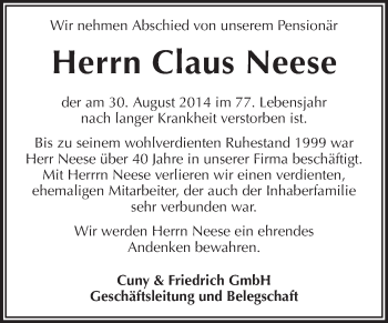Traueranzeige von Claus Neese von Echo-Zeitungen (Gesamtausgabe)