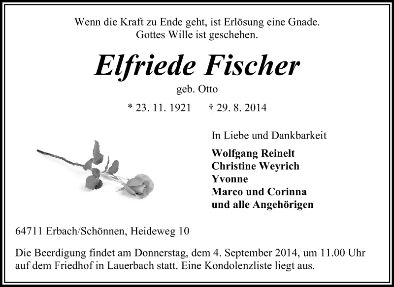  Traueranzeige für Elfriede Fischer vom 02.09.2014 aus Odenwälder Echo