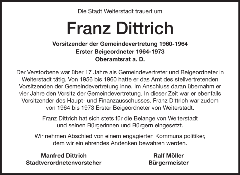  Traueranzeige für Franz Dittrich vom 03.09.2014 aus Echo-Zeitungen (Gesamtausgabe)
