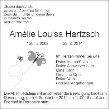 Traueranzeige von Amélie Louisa Hartzsch von Rüsselsheimer Echo, Groß-Gerauer-Echo, Ried Echo