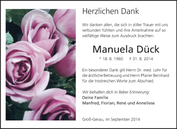 Traueranzeige von Manuela Dück von Rüsselsheimer Echo, Groß-Gerauer-Echo, Ried Echo