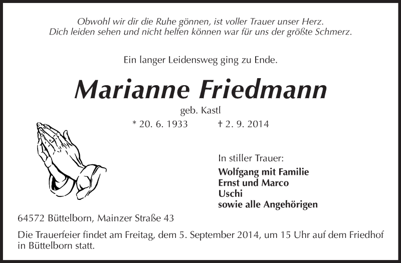  Traueranzeige für Marianne Friedmann vom 04.09.2014 aus Rüsselsheimer Echo, Groß-Gerauer-Echo, Ried Echo