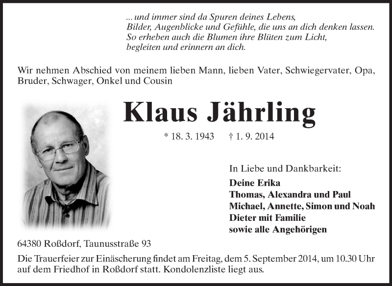  Traueranzeige für Klaus Jährling vom 04.09.2014 aus Echo-Zeitungen (Gesamtausgabe)