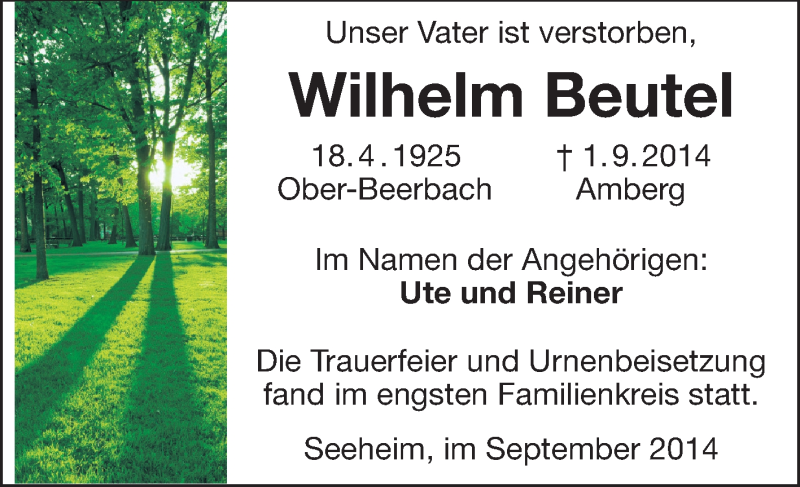  Traueranzeige für Wilhelm Beutel vom 06.09.2014 aus Darmstädter Echo, Odenwälder Echo, Rüsselsheimer Echo, Groß-Gerauer-Echo, Ried Echo
