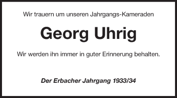 Traueranzeige von Georg Uhrig von Odenwälder Echo