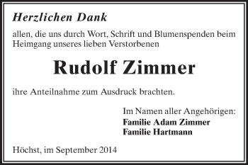 Traueranzeige von Rudolf Zimmer von Odenwälder Echo