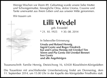 Traueranzeige von Lilli Wedel von Rüsselsheimer Echo, Groß-Gerauer-Echo, Ried Echo