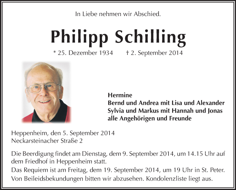  Traueranzeige für Philipp Schilling vom 05.09.2014 aus Starkenburger Echo
